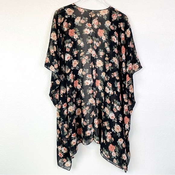 Black Floral Open Front Kimono Cover Up OS - Picture 2 of 4